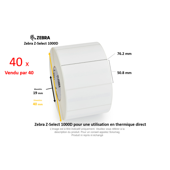 40 x rouleaux d'étiquettes 76.2x50.8mm, type 1000D