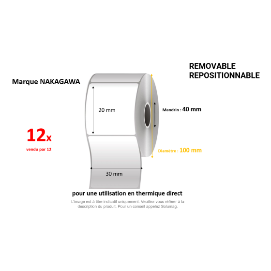 12 x rouleaux d'étiquettes 30x20mm, repositionnable, papier thermique