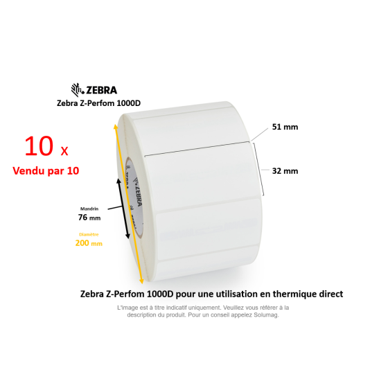 10 x rouleaux d'étiquettes 51x32mm, Zebra Z-Perform 1000D
