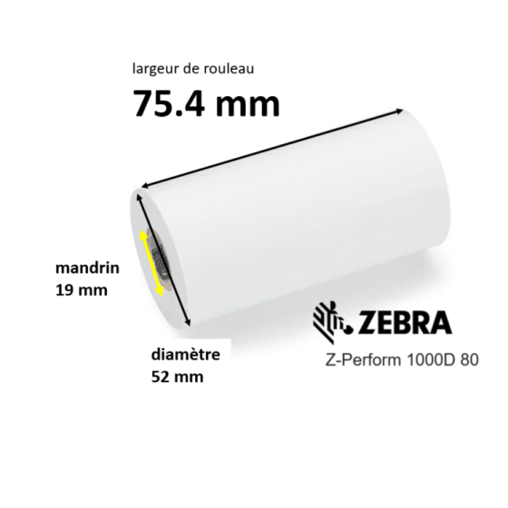 20 x rouleaux de tickets 75,4 mm, Zebra Z-Perform 1000D 80, papier thermique,