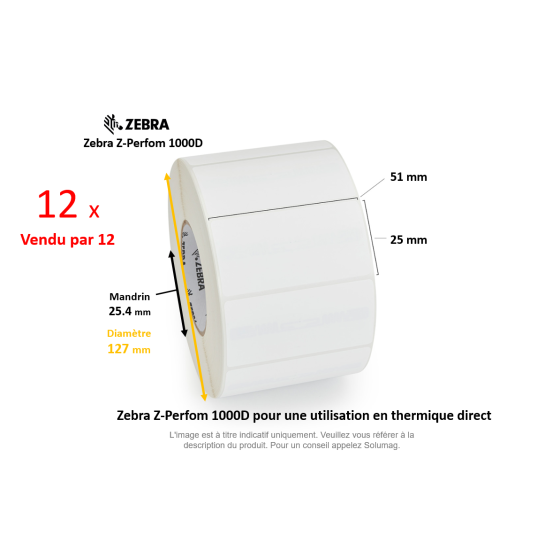 12 x rouleaux d'étiquettes 51x25mm, Zebra Z-Perform 1000D