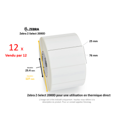 12 x rouleaux d'étiquettes 25x76mm, type Zebra 2000D,