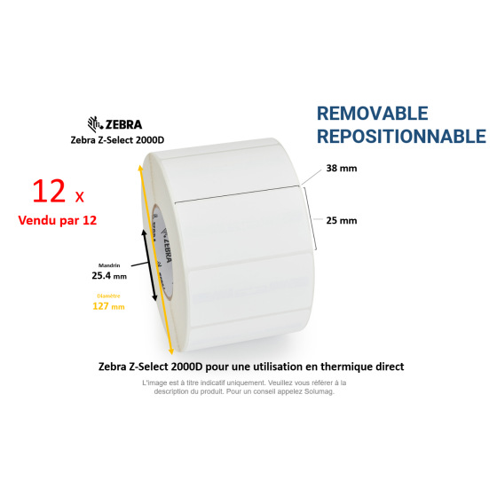 12 x rouleaux d'étiquettes 38x25mm, type 2000D, repositionnable