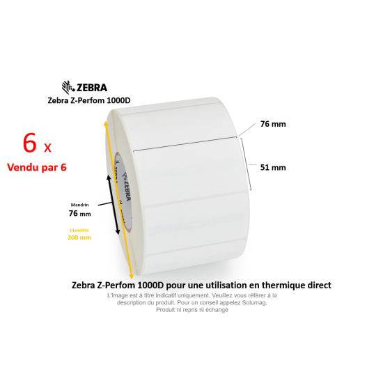 6 x rouleaux d'étiquettes 76x51mm, Zebra Z-Perform 1000D