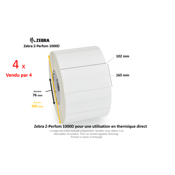 4 x rouleaux d'étiquettes 102x165mm, Zebra Z-Perform 1000D