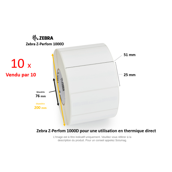 10 x rouleaux d'étiquettes 51x25mm, Zebra Z-Perform 1000D