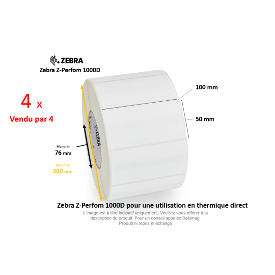 4 x rouleaux d'étiquettes 100x50mm, Zebra Z-Perform 1000D