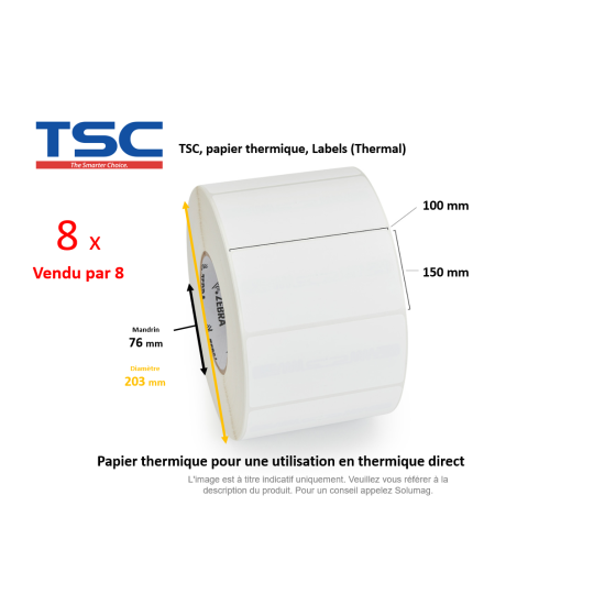8 x rouleaux d'étiquettes 100x150mm, TSC, papier thermique, Labels (Thermal)