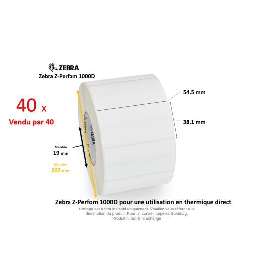 40 x rouleaux d'étiquettes 54,5x38,1mm, Zebra Z-Perform 1000D