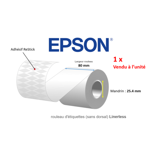1 x ReStick, rouleau d'étiquettes 80 mm, papier thermique linerless
