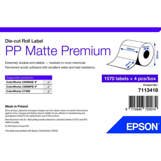 1 x rouleau 102x76mm 1570 étiquettes pré-découpées synthétique (polypropylène)