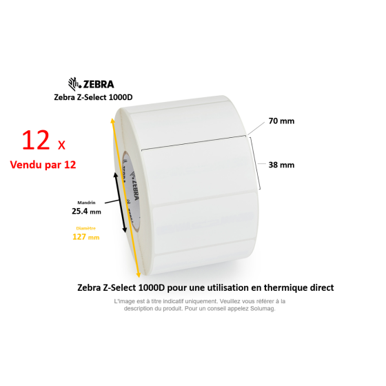 12 x rouleaux d'étiquettes 70x38mm, type 1000D