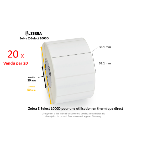 20 x rouleaux d'étiquettes 38.1x38.1mm, Zebra Z-Select 1000D, , papier thermique,