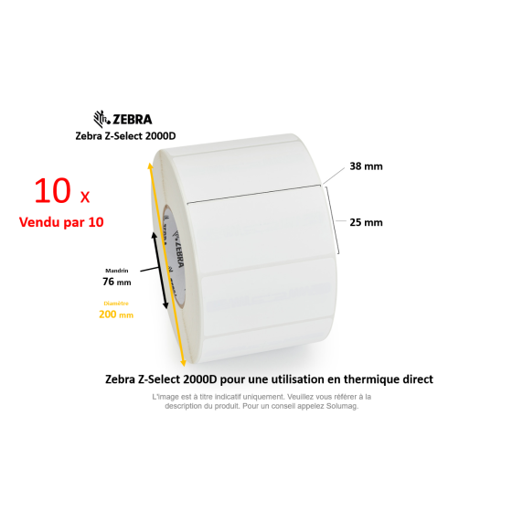 10 x rouleaux d'étiquettes 38x25mm,  type 2000D, mandrin 76mm
