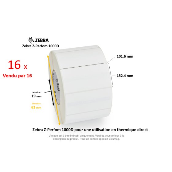 16 x rouleaux d'étiquettes 101,6x152,4mm, Zebra Z-Perform 1000D