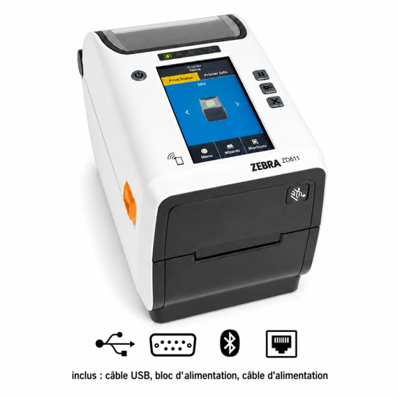 Zebra ZD621d Healthcare, 203 dpi, écran (couleur), RTC, USB, USB Host, RS232, BT (BLE), Ethernet, blanc (ZD6AH42-D0EF00EZ)